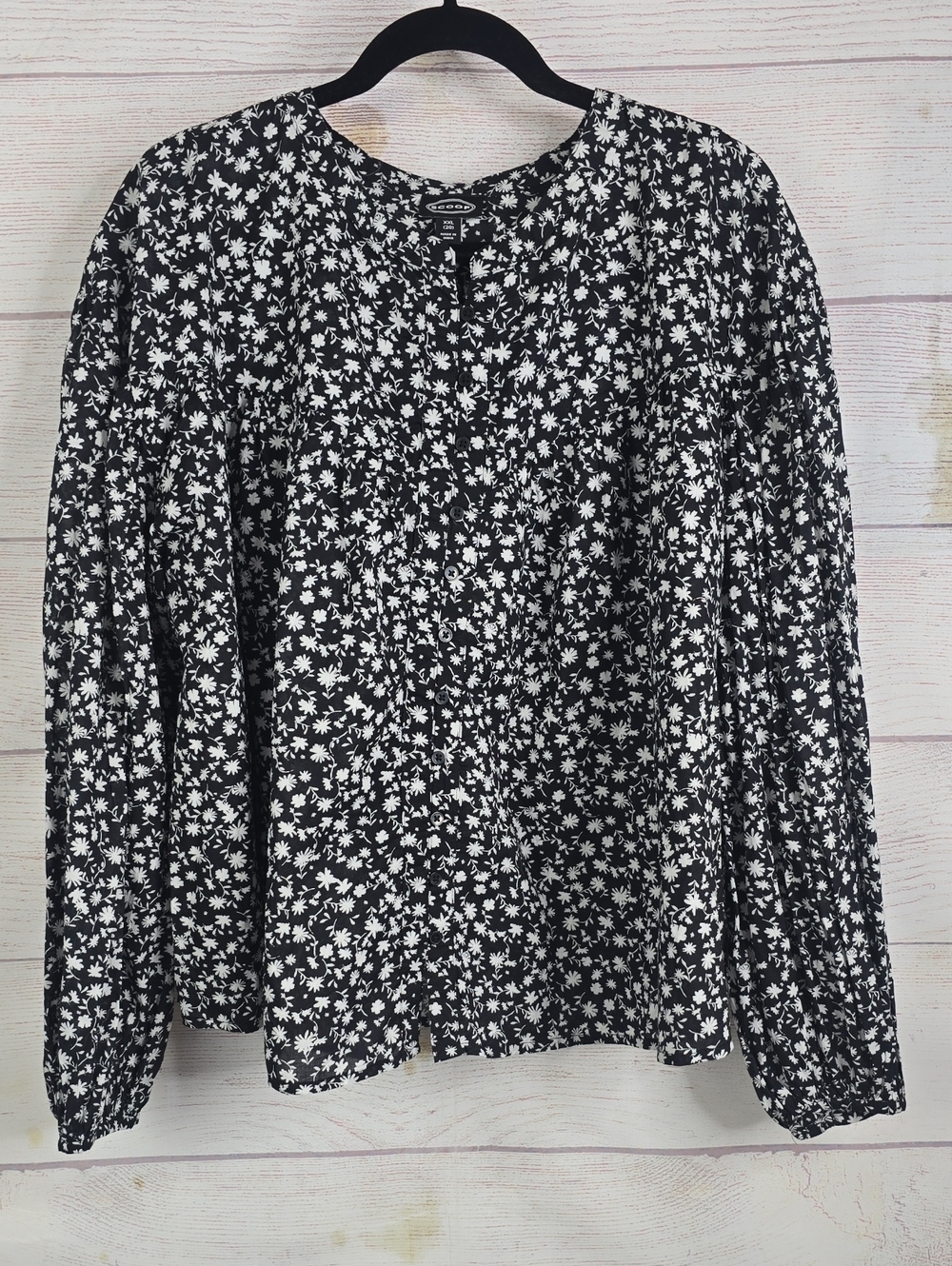 Scoop Black & White Floral Long-Sleeve Blouson Top NwT Sz XxL